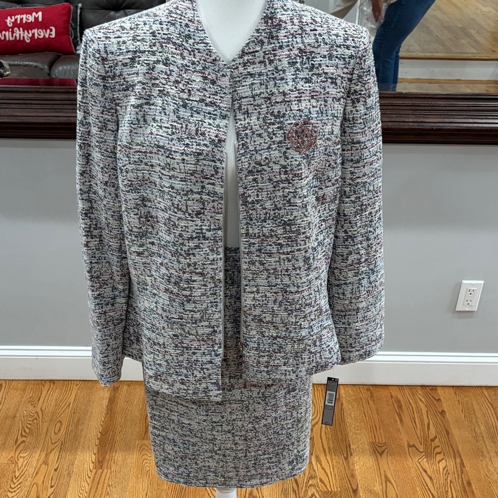Tahari ASL Tweed Dress Set in Gray and White